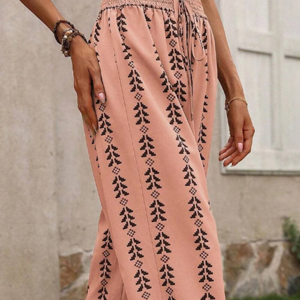 B213 Pink Stripe Geometric Print Smocked Drawstring Pants